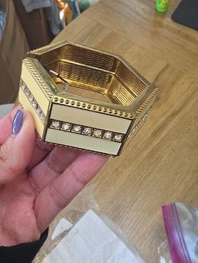 Hexagonal Gold-Tone and Cream Rhinestone Bangle Bracelet